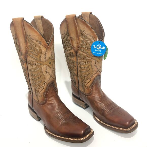 Corral Shoes - Circle G Women's Overlay & Embroidery & Studs Brown Square Toe Size 8.5 FLAW